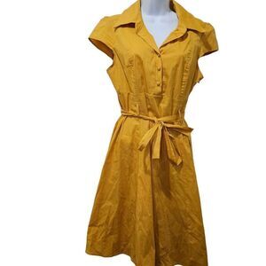 Tropical Wear Shirt Dress Womens Size M Yellow Gold Tie Belt Retro Stretch